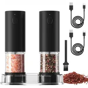 Sander Shop Elektrische zout- en pepermolenset, oplaadbaar, zwarte pepermolen met basis, verstelbaar, led-licht voor BBQ, restaurant, keuken