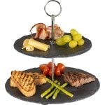 Sareva Etagere Leisteen 2-Laags - Serveertoren voor hapjes - Etagere voor taarten en snacks - Stijlvolle uitstraling - Materiaal: Leisteen en RVS - Diameter: 200 & 220 mm - Hoogte: 250 mm - Keuken accessoires - Servies