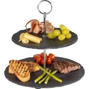 Sareva Etagere Leisteen 2-Laags - Serveertoren voor hapjes - Etagere voor taarten en snacks - Stijlvolle uitstraling - Materiaal: Leisteen en RVS - Diameter: 200 & 220 mm - Hoogte: 250 mm - Keuken accessoires - Servies
