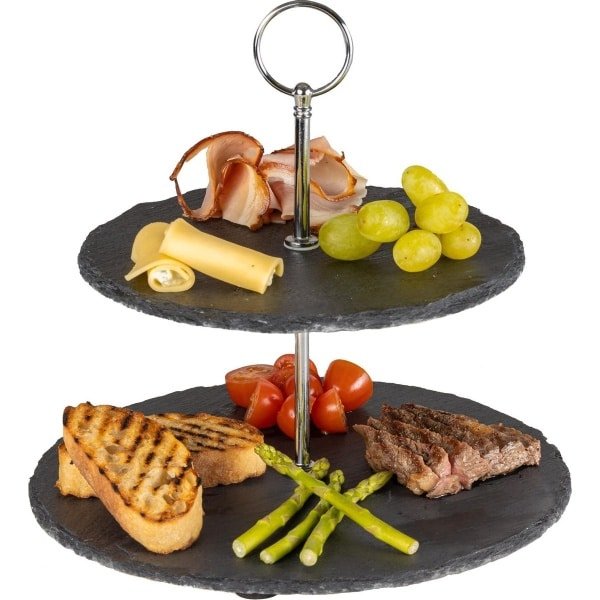 Sareva Etagere Leisteen 2-Laags - Serveertoren voor hapjes - Etagere voor taarten en snacks - Stijlvolle uitstraling - Materiaal: Leisteen en RVS - Diameter: 200 & 220 mm - Hoogte: 250 mm - Keuken accessoires - Servies