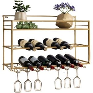 Sensova - Wijnrek Wandmontage Industrieel 3-Laags met Wijnglashouder - Stalen Wijnhouder voor Wijn en Wijn Accessoires - Ruimtebesparend Metaal Design voor Keuken, Bar en Woonkamer - Luxe Wand Wijnrek 80 cm - Goud - Draagkracht 30 kg