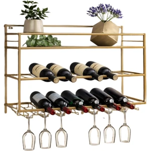 Sensova - Wijnrek Wandmontage Industrieel 3-Laags met Wijnglashouder - Stalen Wijnhouder voor Wijn en Wijn Accessoires - Ruimtebesparend Metaal Design voor Keuken, Bar en Woonkamer - Luxe Wand Wijnrek 80 cm - Goud - Draagkracht 30 kg
