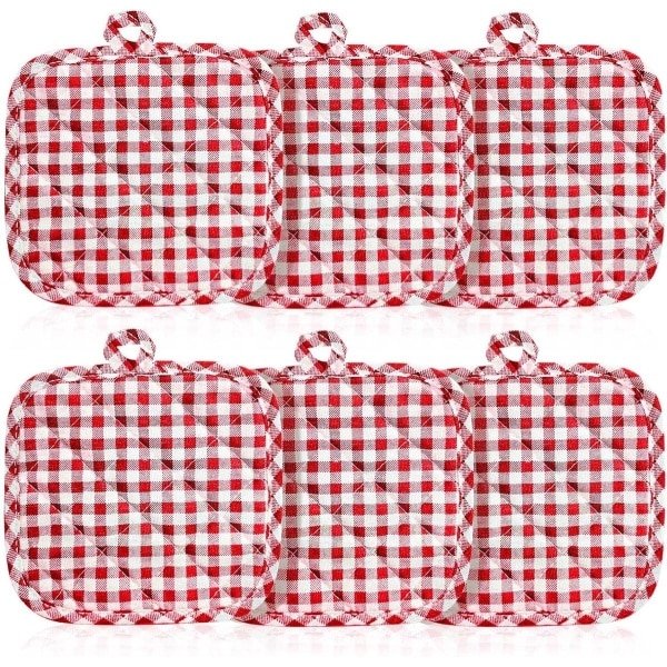 Set van 6 rode geruite keukenpannenlappen en ovenwanten - Katoenen hot pads - Hittebestendige keuken accessoires