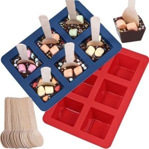 Siliconen Chocoladevorm voor Drinkchocolade - Set van 2 met Houten Lepels - Vierkante Chocoladevorm - Keuken Accessoires
