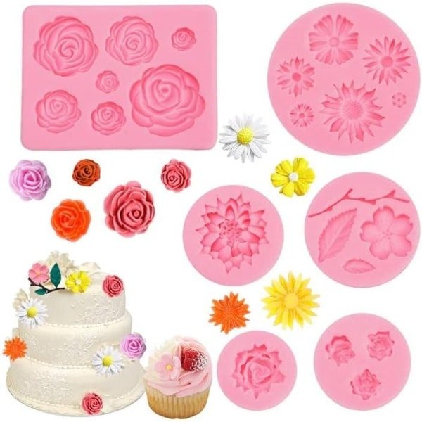 Siliconen Vormen voor Snoep, Fondant en Bakken - Set van 6 - Bloemen en Blad - 3D Vormen voor Roos, Fondant, Kaarsen - Gietvormen voor Sugarcraft - Rozenvorm voor Cupcake en Verjaardagstaart - Keuken Benodigheden - DIY Bakken Accessoires