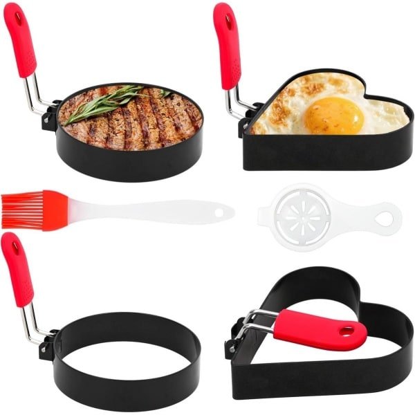 Spiegelei vormpjes - Set van 4 - Roestvrij staal - Anti-aanbak - Eierringen - Klapgrepen - Oliekwast - Eierscheider - Ronde vormen - Sandwiches - Keuken accessoires