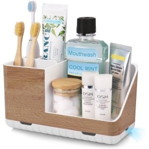 Tandenborstelhouder voor badkamerorganizer, elektrische tandenborstelhouder met afvoergat, verwijderbare tandenborstelorganisator voor badkamer, keuken en gezin (houtnerf)