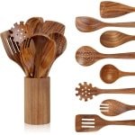 Teak Wood Lepels voor Koken - 9 Stuks Keuken Gereedschap Set met Houder en Lepel - Hittebestendig Antiaanbakpan Keuken Accessoires