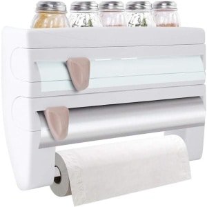 Wandrolhouder met Foliesnijder en Opbergruimte voor Specerijen - Praktische Keukenrolhouder in Wit - Handige Keuken Accessoire