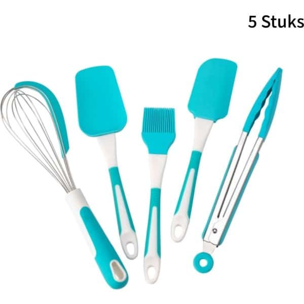 5 stuks siliconen bakgerei set - 5-delige set - spatel, kwast, garde en tang - keuken accessoires voor bakken - blauw en wit