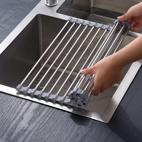 Afdruiprek, afdruiprek voor in de keuken, opbergruimte en organisatie voor in de keuken, opvouwbare en uitneembare afwasdroger, praktisch accessoire voor in huis (grijs 43 x 36 cm).