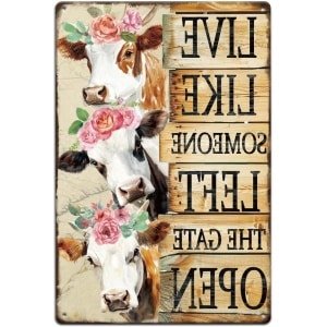 Allecto - Koeien bord - boerderij decoratie - tinnen materiaal - grappig design - keuken accessoire - geschikt voor man cave - zwart-wit design - vintage stijl - nostalgisch bord - muurdecoratie landelijke stijl met bloemen