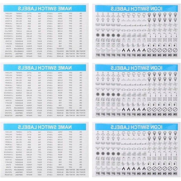 Allecto Plus - 6 stuks Schakelaar Stickers Elektrische Schakelpaneel 21.5x14cm Transparante Zwarte Tekst en Patroonlabels voor Thuis Keuken Badkamer Kantoor School