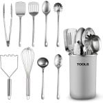 Candala Keukengerei Set - 10-delige roestvrijstalen kookgerei met lepels, garde, spatel, tang, pollepel, masher en kookgerei houder - keukenaccessoires, gadgets en gereedschap (wit)