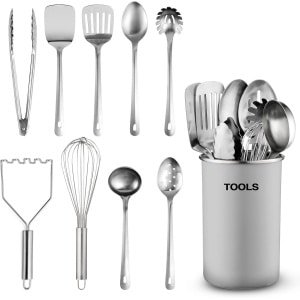 Candala Keukengerei Set - 10-delige roestvrijstalen kookgerei met lepels, garde, spatel, tang, pollepel, masher en kookgerei houder - keukenaccessoires, gadgets en gereedschap (wit)