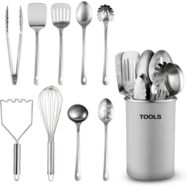 Candala Keukengerei Set - 10-delige roestvrijstalen kookgerei met lepels, garde, spatel, tang, pollepel, masher en kookgerei houder - keukenaccessoires, gadgets en gereedschap (wit)