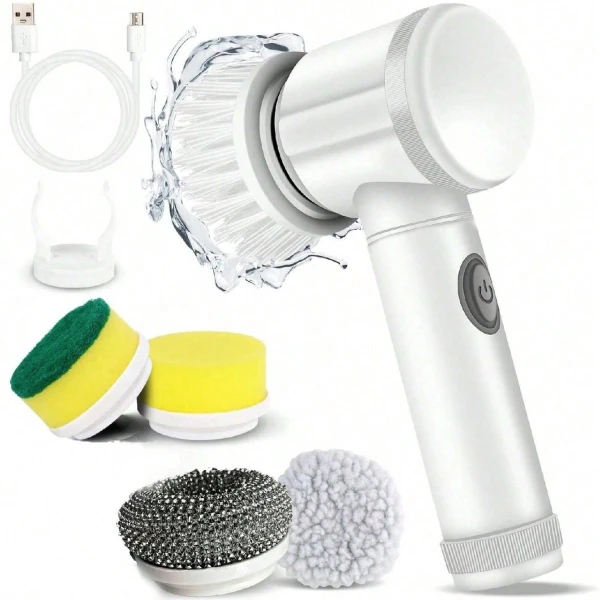 Draadloze Elektrische Schoonmaakborstel - Afwasborstel - Multifunctionele Handheld Schoonmaakborstel - Wit - Elektrische Rotatieborstel - Inclusief 5 Opzetborstels - Geschikt voor Badkamer, Keuken en Ramen - 20*9 cm