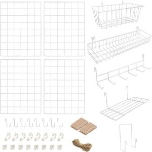 Draadwandrasterpaneel Set | 4 Stuks met Accessoires | Compleet voor Hangend Decor in Huis, Kantoor en Keuken | Metaal & Wit