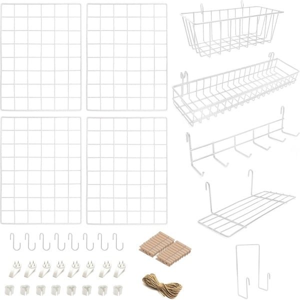 Draadwandrasterpaneel Set | 4 Stuks met Accessoires | Compleet voor Hangend Decor in Huis, Kantoor en Keuken | Metaal & Wit