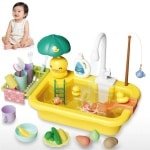 Elektrische Circulerende Water Afwasbak Speelgoed voor Kinderen - Gele Eend Vorm - Keuken Rollenspel Afwasbak - Inclusief Vissen & Drijvende Accessoires - Educatief Zomer Water Speelgoed voor Baby's