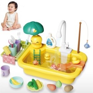 Elektrische Circulerende Water Afwasbak Speelgoed voor Kinderen - Gele Eend Vorm - Keuken Rollenspel Afwasbak - Inclusief Vissen & Drijvende Accessoires - Educatief Zomer Water Speelgoed voor Baby's