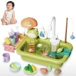 Elektrische Circulerende Water Afwasbak Speelgoed voor Kinderen - Groene Kikker Vorm - Keuken Rollenspel Afwasbak - Inclusief Vissen & Drijvende Accessoires - Educatief Zomer Water Speelgoed voor Baby's