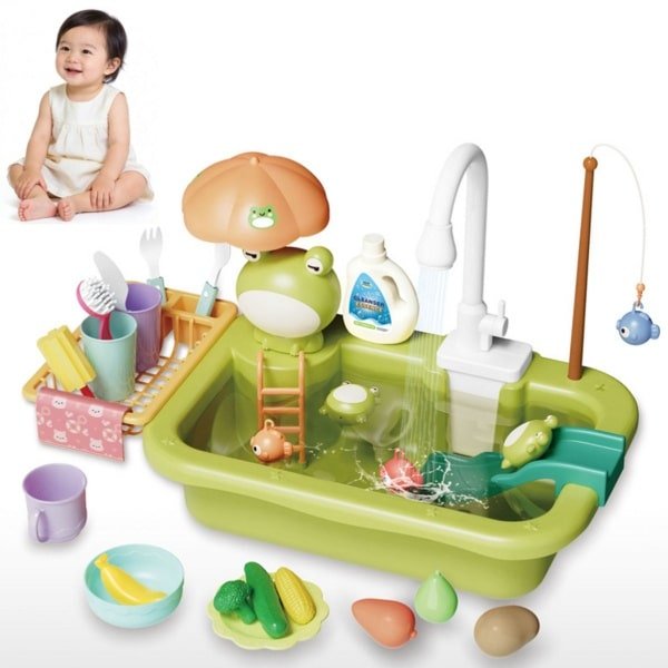 Elektrische Circulerende Water Afwasbak Speelgoed voor Kinderen - Groene Kikker Vorm - Keuken Rollenspel Afwasbak - Inclusief Vissen & Drijvende Accessoires - Educatief Zomer Water Speelgoed voor Baby's