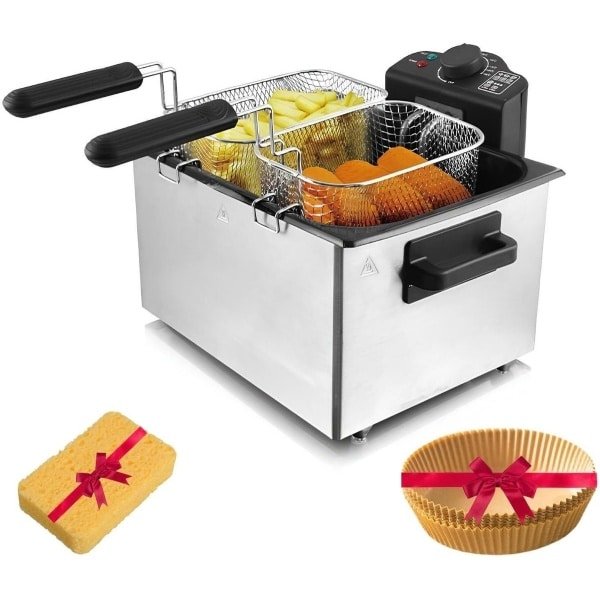 Elektrische Frituurpan - Frietpan Keuken - Thuis Frituren - Drie Manden Inclusief - 5 Liter Capaciteit - Zilverkleurig