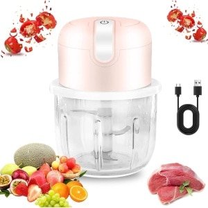 Elektrische Hakmolen voor de Keuken - Uiensnijder met USB-Aansluiting 250 ml Oplaadbare Accu met Roestvrijstalen Lemmet voor Fijnsnijden, Snijden en Hakken (Roze)