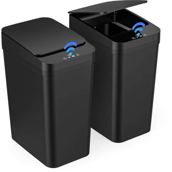Gaethra 2-delige vuilnisbak met sensor - 12L automatische elektrische deksel sensor - 3 bedrijfsmodi - stil waterdicht intelligente afvalbak - voor keuken kantoor woonkamer badkamer (2-delig zwart)