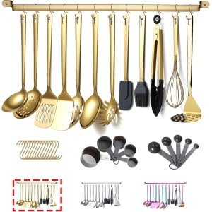 Gouden Keukengerei Set - 37-delig - Luxe Kookgerei Set - RVS met Titanium Goud Plating - Inclusief Keukenhouder - Keuken Gadgets - Hittebestendig - Vaatwasserbestendig - Pollepel - Spatel - Garde - Maatlepels - Goud - Keukenaccessoires set