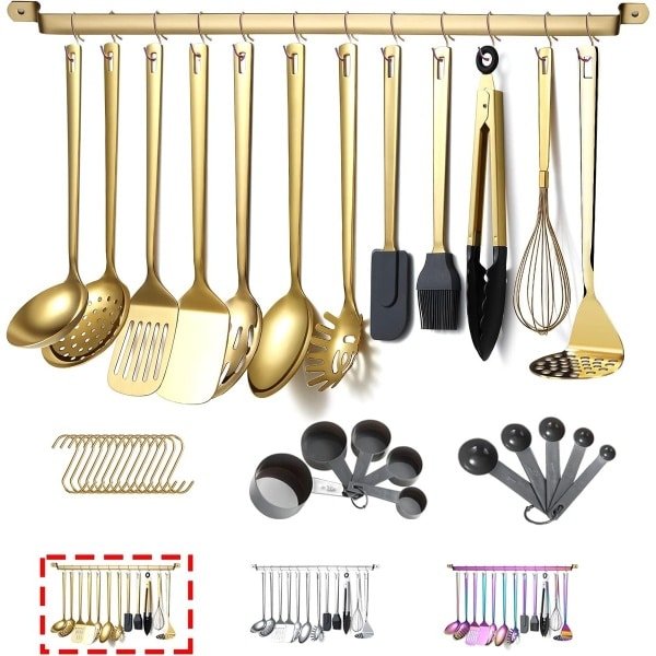 Gouden Keukengerei Set - 37-delig - Luxe Kookgerei Set - RVS met Titanium Goud Plating - Inclusief Keukenhouder - Keuken Gadgets - Hittebestendig - Vaatwasserbestendig - Pollepel - Spatel - Garde - Maatlepels - Goud - Keukenaccessoires set