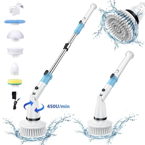 Grenintol Elektrische Schoonmaakborstel - Elektrische Schrobber - IPX5 Waterdichte Schrobborstel met 3-delige Uitrekbare Steel - 180° Draaibare Kop - Oplaadbaar En Draadloos Schrobber - Voor Badkamer, Keuken, Schotel, Gootsteen - Inclusief Muurhouder