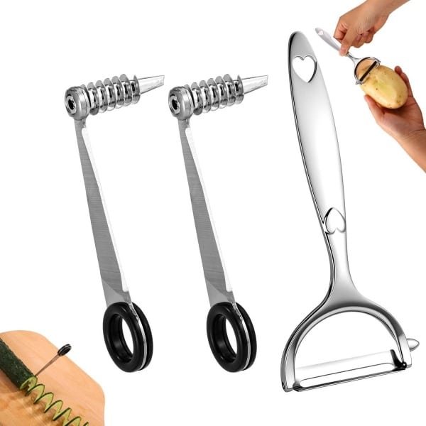 Groentesnijder en Schiller Set voor Aardappelen en Komkommers - Handmatige Spiraalsnijder van Roestvrij Staal - Praktische Keuken Accessoires