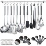 Keukengerei Set - 38-delig - RVS Kookgerei Set - Roestvrij Staal - Inclusief Houder en Ophanghaken - Keuken Gadgets - Vaatwasserbestendig - Pollepel - Spatel - Garde - Dunschiller - Keukenaccessoires - Luxe Keukenset - Zilver/Zwart