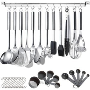 Keukengerei Set - 38-delig - RVS Kookgerei Set - Roestvrij Staal - Inclusief Houder en Ophanghaken - Keuken Gadgets - Vaatwasserbestendig - Pollepel - Spatel - Garde - Dunschiller - Keukenaccessoires - Luxe Keukenset - Zilver/Zwart