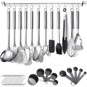 Keukengerei Set - 38-delig - RVS Kookgerei Set - Roestvrij Staal - Inclusief Houder en Ophanghaken - Keuken Gadgets - Vaatwasserbestendig - Pollepel - Spatel - Garde - Dunschiller - Keukenaccessoires - Luxe Keukenset - Zilver/Zwart