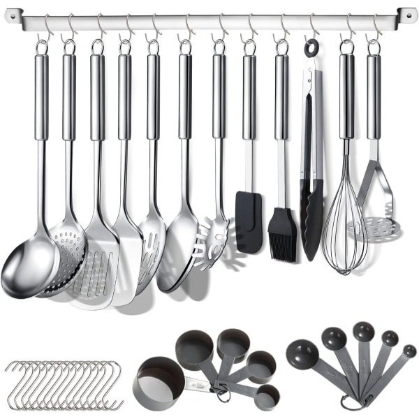 Keukengerei Set - 38-delig - RVS Kookgerei Set - Roestvrij Staal - Inclusief Houder en Ophanghaken - Keuken Gadgets - Vaatwasserbestendig - Pollepel - Spatel - Garde - Dunschiller - Keukenaccessoires - Luxe Keukenset - Zilver/Zwart