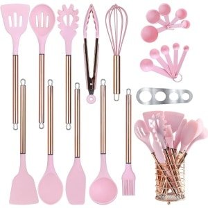 Keukengerei Set met houder, 22 stuks siliconen kookgerei set voor anti-aanbak kookgerei, hittebestendigheid spatel set, roestvrijstalen handvat keuken gadgets gebruiksvoorwerpen set (roze)