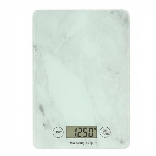 Keukenweegschaal Digitaal - 1 g tot 5 kg Nauwkeurige Meting - 21,5 x 15 cm - Tarra-functie - Helder LCD Display - Precisie Weegschaal Eten - Keuken Accessoires - Kitchen Scale - Kookweegschaal - Wit Marmer - Löwenthal