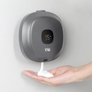 Kunststof zeepdispenser met elektrische sensor, wandmontage, automatisch, met tijdweergave voor badkamer/keuken (grijs)
