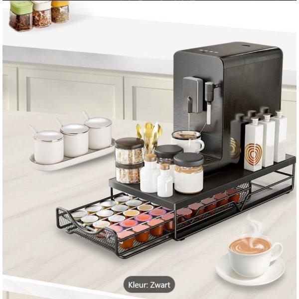 Metalen Koffiepod Houder met Lade, Grote Koffiepod Opberg Organizer 40 stuks Capaciteit voor Theezakjes & Accessoires, Koolstofstaal en Anti-Slip Basis - Perfect voor Keuken & Eetkamer Decoratie
