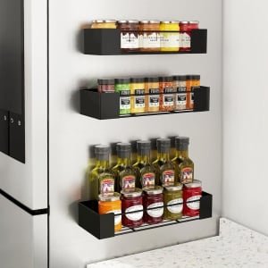Nexvo® Kruidenrek Ophangbaar - Kruidenpotjes Wandrek - Organizer Keuken Accessoires - Zwart - 10cm x 28cm x 6cm