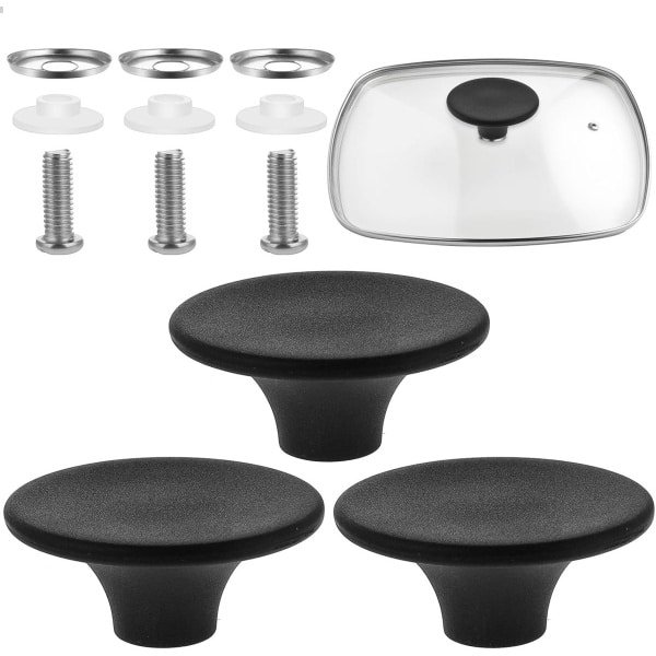 Pannendeksel Handvat - 3 Stuks - Pannendeksel Handvat Vervanging Set - Universeel - Keuken Accessoire - Warmtebestendig - Inclusief Schroeven, RVS Ringen & Siliconen Afdichtingen - Vervanging voor Alle Pannendeksel Types - Zwart