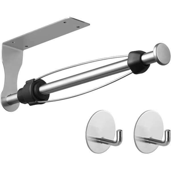 Papierrolhouder met 2 Haken - Keukenrolhouder Onder Kast - Zelfklevend of Schroefmontage - RVS Keukenrolhouder Geborsteld - Handdoekhouder met Demping - Keuken Accessoires
