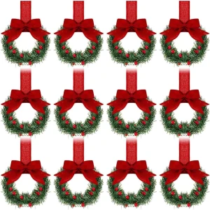 QTTVBTNA - 12 Stuks Mini Kerstkransjes - Keuken Decoratie met Lint - Klassieke Boerenstijl Kransjes voor Kast en Raam - Feestelijke Kerst Accessoires voor Sinterklaas en Kerstmis - Rode