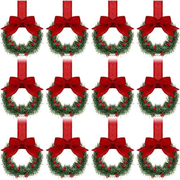QTTVBTNA - 12 Stuks Mini Kerstkransjes - Keuken Decoratie met Lint - Klassieke Boerenstijl Kransjes voor Kast en Raam - Feestelijke Kerst Accessoires voor Sinterklaas en Kerstmis - Rode