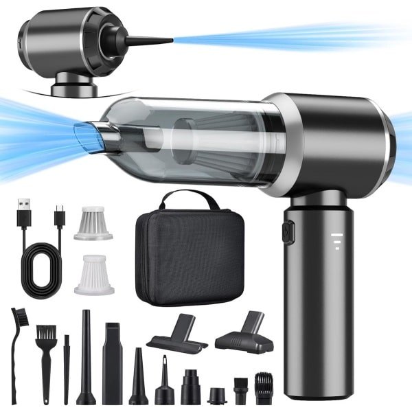 Sander Shop 2-in-1 handstofzuiger accu, 15000PA handstofzuiger, draadloos, autostofzuiger, sterk, 3 snelheden 80.000 tpm elektrische stofblazer persluchtspray voor het reinigen van auto, keuken, pc, bank, kantoo