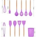 Siliconen Kookgerei Keukengerei Set, 12 Stuks Natuurlijke Houten Handgrepen Koken Tool Bpa Gratis Niet Giftige Siliconen Turner Tang Spatel Lepel Keuken Gadgets Gebruiksvoorwerp Set (Paars)