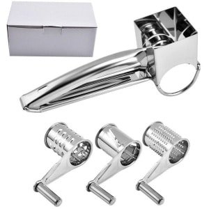 Trommelrasp - Met 4 Rollen - RVS - Handgebogen - Spiraalsnijder - Roterende - Handmatige Kaassnijder - Kaasrasp - Schaaf - Rasp - Molen - Kaasrasp harde kaas - Keukengerei - Keuken accessoires - Geschikt als Kaasmolen en Rasp - Zilver